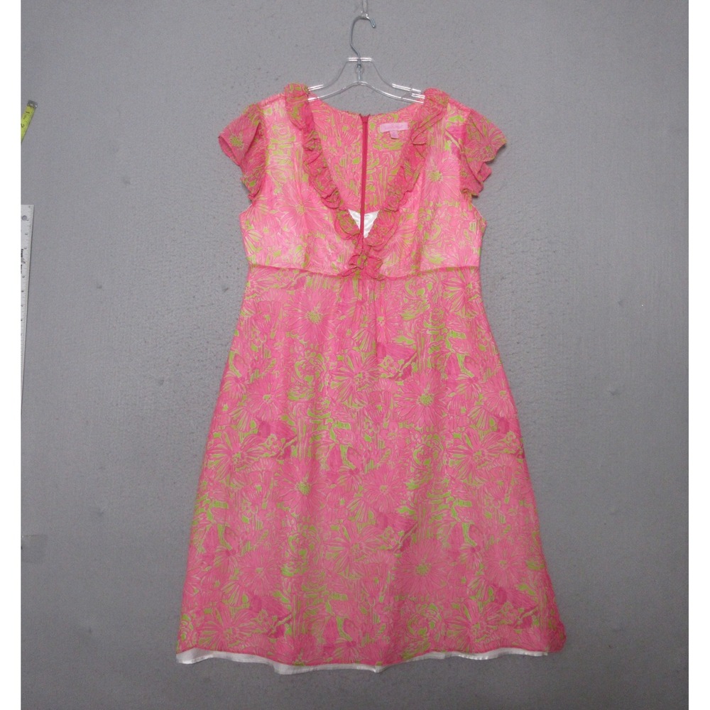 Lilly Pulitzer Dress 10 Pink Green Floral Silk Ruffle V-Neck Resort Preppy Party